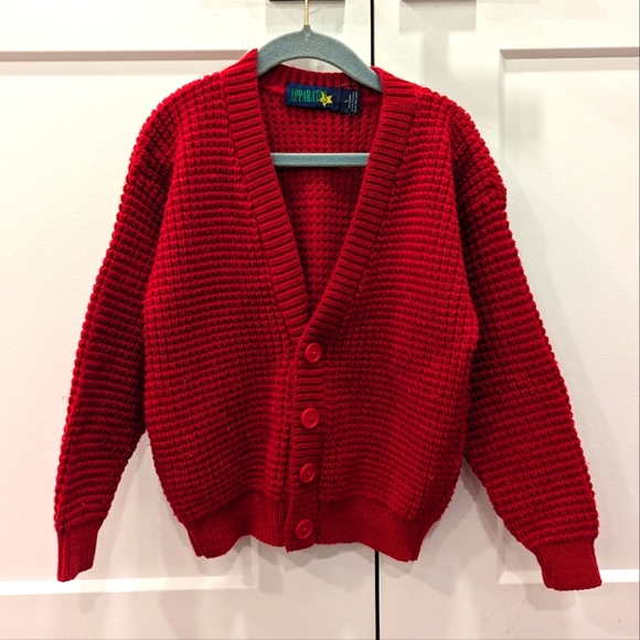 VINTAGE kids red waffle knit v-neck cardigan sweater - Picture 2 of 5
